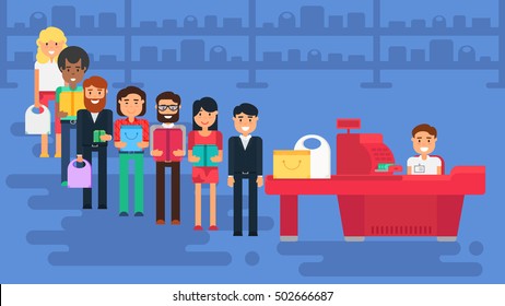 Store with customers crowd and cashier near cash desk. Store or market retail interior. Shopping concept illustration. People are paying purchase. Vector