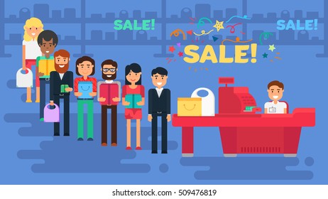 Store with customers crowd and cashier near cash desk. Store or market retail interior. Shopping concept illustration. People are paying purchase. Sale banner. Vector