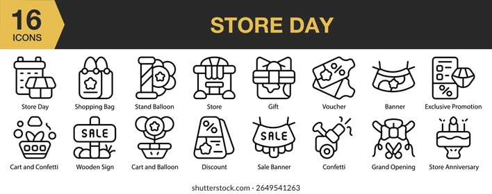 Store Day icon set. Includes store, day, sale, shopping, event, promotion, and More. Outline icons vector collection.