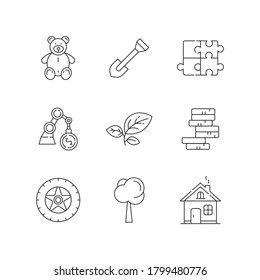 Store departments linear icons set. Children stuffed toy. Plush bear for kid. Gear for gardening. Customizable thin line contour symbols. Isolated vector outline illustrations. Editable stroke