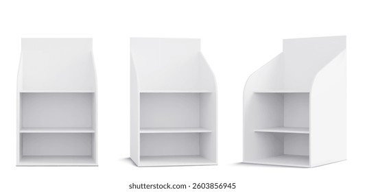Store display mockups set isolated on white background. Vector realistic illustration of cardboard or wooden supermarket shelves for goods, blank product stand front and side view, retail counter