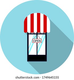 Store door with open sign. Flat icon on blue background, vector symbol
