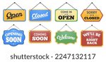 Store door sign. Come in were open and closed signboard note, opening and coming soon, welcome and will be right back vector set. Hanging board with text message for business retailing