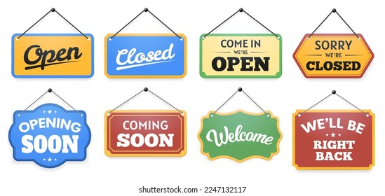 Store door sign. Come in were open and closed signboard note, opening and coming soon, welcome and will be right back vector set. Hanging board with text message for business retailing - Shutterstock ID 2247132117