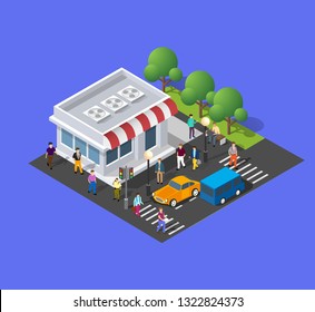 The store eatery home architecture is an idea of technology business equipment flat style urban isometric illustration