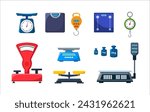 Store electronic and mechanical scales for weight measuring. Market or kitchen measuring instrument. Vector illustration