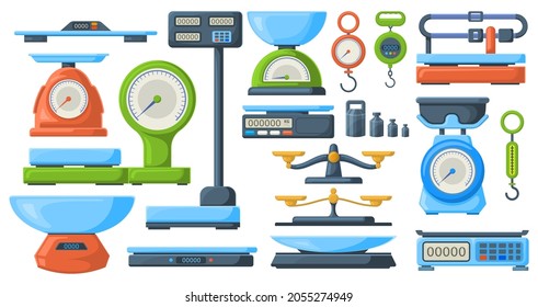 Store electronic and mechanical scales for weight measuring. Market or kitchen measuring instrument vector illustration set. Weigher scales. Collection of scale measurement, mechanical instrument