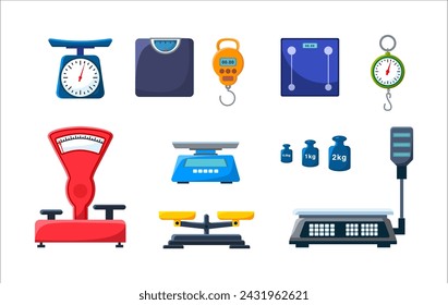 Store electronic and mechanical scales for weight measuring. Market or kitchen measuring instrument. Vector illustration