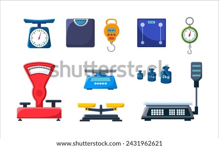 Store electronic and mechanical scales for weight measuring. Market or kitchen measuring instrument. Vector illustration