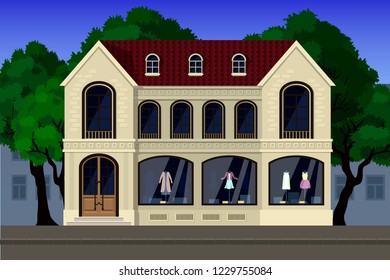 A store of elite clothing, located on the first floor of the house in a classic style. Vector illustration