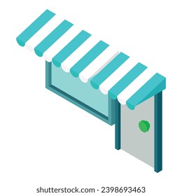 Store entrance icon isometric vector. Front door and window with striped canopy. Exterior, construction and repair concept