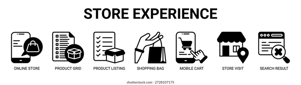 Experiencia de la tienda Concepto de Ilustración vectorial de ícono de Anuncio de Web con ícono de tienda en línea, cuadrícula de productos, listado de productos, bolso de compras, Carrito móvil, visita a la tienda, resultado de búsqueda.