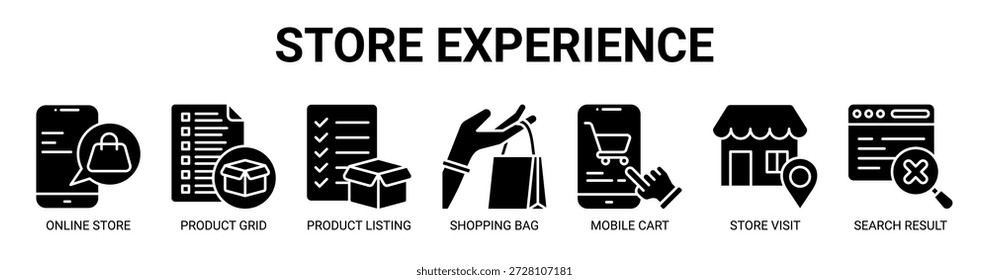 Experiencia de la tienda Concepto de Ilustración vectorial de ícono de Anuncio de Web con ícono de tienda en línea, cuadrícula de productos, listado de productos, bolso de compras, Carrito móvil, visita a la tienda, resultado de búsqueda.