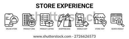 Store Experience web banner icon vector illustration concept with icon of online store, product grid, product listing, shopping bag, mobile cart, store visit, search result.
