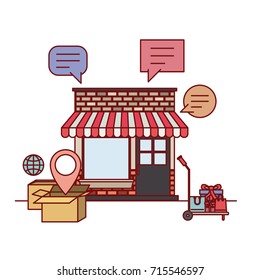 store facade with awning e-commerce shop online on white background vector illustration