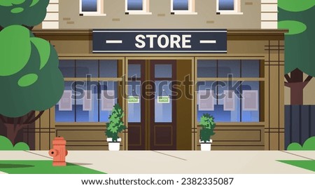 Store facade exterior scene. Front view street shop building. Vector flat architecture illustration