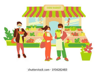 Store facade of farm market African american man sale vagetables to young girl Seller and customer wear gloves and mask and keep social distancing Flat illustration