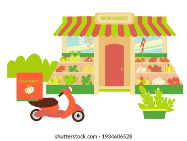 Store facade of farm market Kiosk of fresh veggies Moped stand near the shop Flat vector illustration