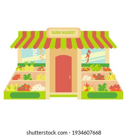 Store facade of farm market Kiosk of fresh veggies Flat vector illustration