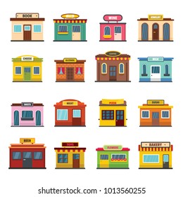 Store facade front shop buildings icons set. Flat illustration of 16 store facade front shop buildings vector icons for web