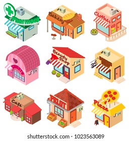 Store facade front shop icons set. Isometric illustration of 9 store facade front shop vector icons for web