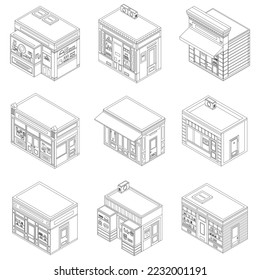Store facade icon set. Isometric set of store facade vector icons outline vector on white background