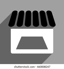 Store Facade long shadow vector icon. Style is a flat store facade black and white iconic symbol on a gray square background.