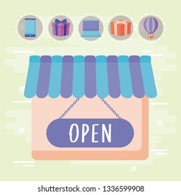 store facade with set icons