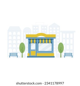 Store facade. Shops fronts on street. Store can selling baked and farm products, pizza, flowers, books, wine, meat, candies, toys. Vector illustration.