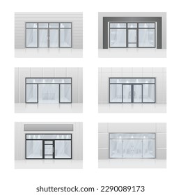 Store facade with storefront and exhibition lights. Glass gate, entrance in store, mall or office. Realistic vector illustration