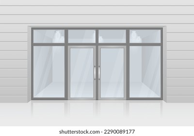 Store facade with storefront and exhibition lights. Glass gate, entrance in store, mall or office. Realistic vector illustration