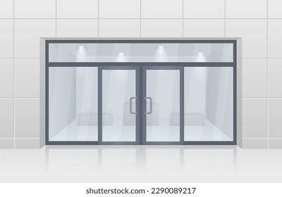 Tienda fachada con escaparate y luces de exposición. Puerta de vidrio, entrada en tienda, centro comercial u oficina. Ilustración vectorial realista