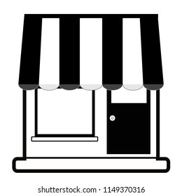 store facade with sunshade in black silhouette. store icon on white background. shop web sign. flat style. store building front.