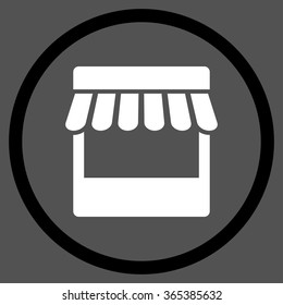 Icono de Vector de la fachada de la tienda. El estilo es símbolo bicolor de círculo plano, colores blanco y negro, ángulos redondeados, fondo gris.