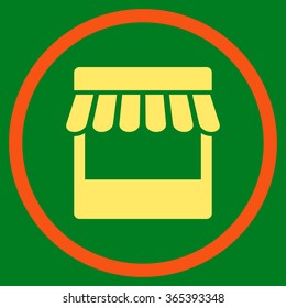 Store Facade vector icon. Style is bicolor flat circled symbol, orange and yellow colors, rounded angles, green background.