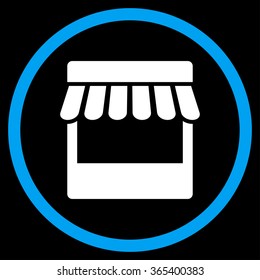 Store Facade vector icon. Style is bicolor flat circled symbol, blue and white colors, rounded angles, black background.