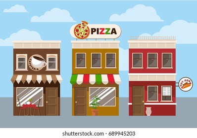 Store facades. Fast food cafe vector illustration for web, or game design