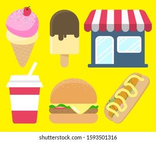 store and fast food flat design, fast food icon yellow background