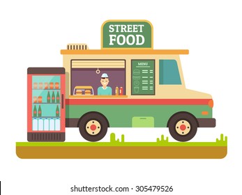 Store Fast Food Van. Lunch Sandwich, Menu And Snack, Hot Dinner, Market And Beverage In Fridge, Street Shop, Flat Vector Illustration