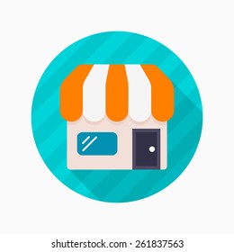 Store flat icon with long shadow on blue circle background , vector illustration , eps10