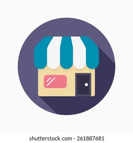 Store flat icon with long shadow on blue circle background , vector illustration , eps10