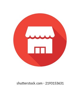 Store flat icon on round button in long shadow style.