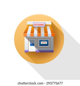 Store flat icon on white background with long shadow. Vector illustration.