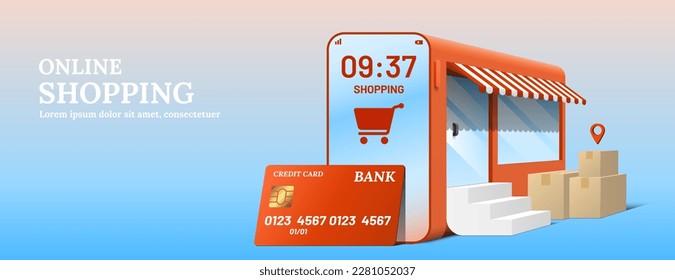 Store in the form of smartphone with credit card stair and parcel packaging boxes. Shopping cart icon on screen. Online shopping concept 3d vector.
