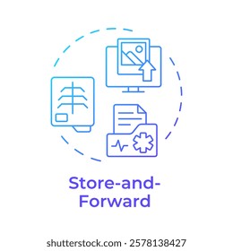 Store and forward blue gradient concept icon. Asynchronous telemedicine data collecting. Telehealth treatment. Round shape line illustration. Abstract idea. Graphic design. Easy to use in booklet