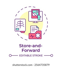 Store and forward multi color concept icon. Asynchronous telemedicine data collecting. Telehealth treatment. Round shape line illustration. Abstract idea. Graphic design. Easy to use in booklet