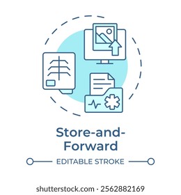 Store and forward soft blue concept icon. Asynchronous telemedicine data collecting. Telehealth treatment. Round shape line illustration. Abstract idea. Graphic design. Easy to use in booklet