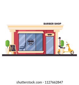 Store front of barber shop in flat style