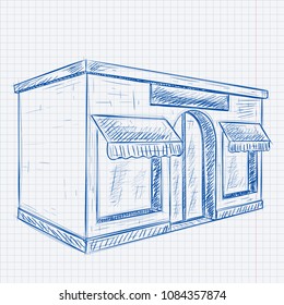 Store front. Blue hand drawn sketch on lined paper background. Vector illustration
