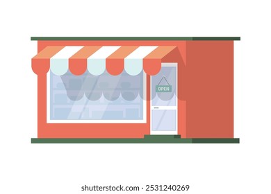 Vector 3d del edificio delantero de la tienda, ilustración gráfica simple de la historieta de la tienda roja, arte de Clip de Imagen de la fachada del mini centro comercial Pequeño aislado cortado fuera diseño moderno de moda, sala de exposición en el fondo blanco